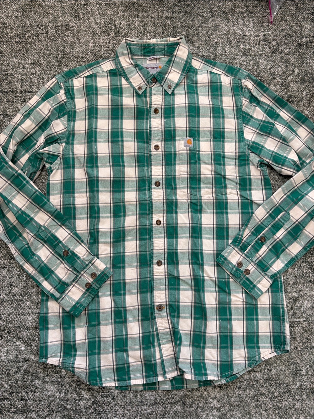 Carhartt Men’s Teal and White Plaid Button-Down Shirt